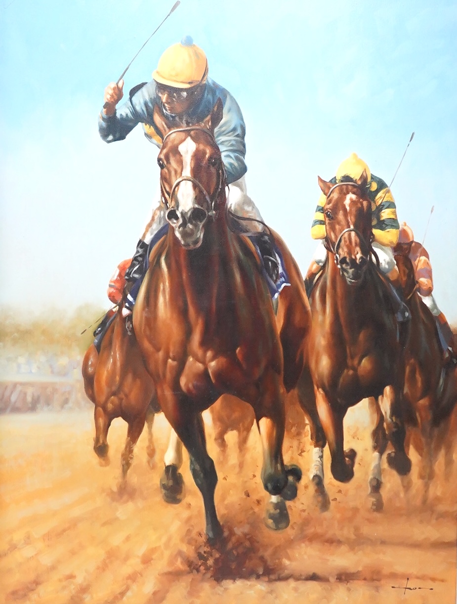 Graham Issom, Jockeys on horseback, signed, horse racing interest oil on canvas, 99 x 73cm